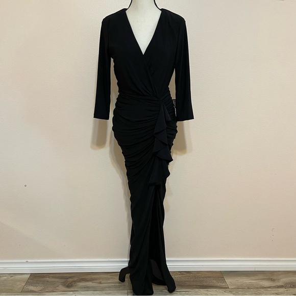 BETSY & ADAM
Ruched Ruffle-Trim body-con 
Gown size 8 black - Picture 5 of 12